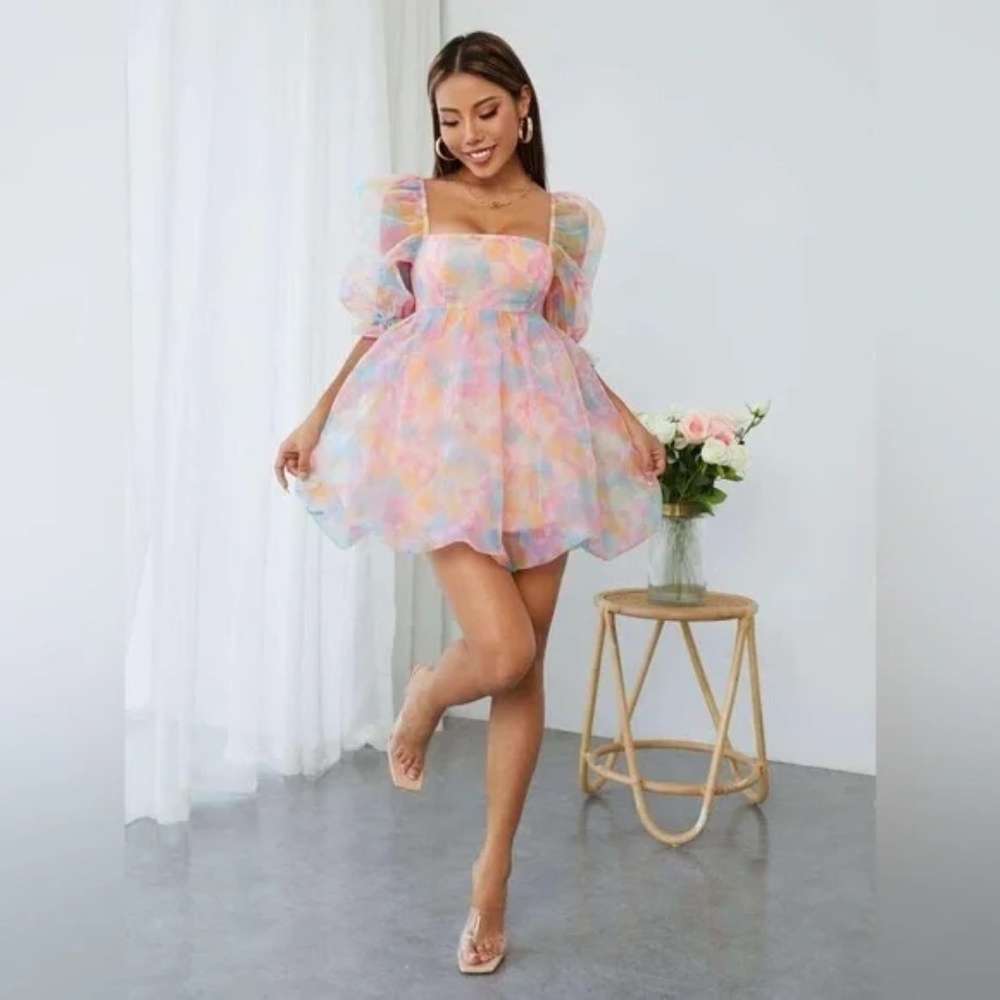 Tie Dye Square Neck Puff Sleeve Organza Dress Petite Medium